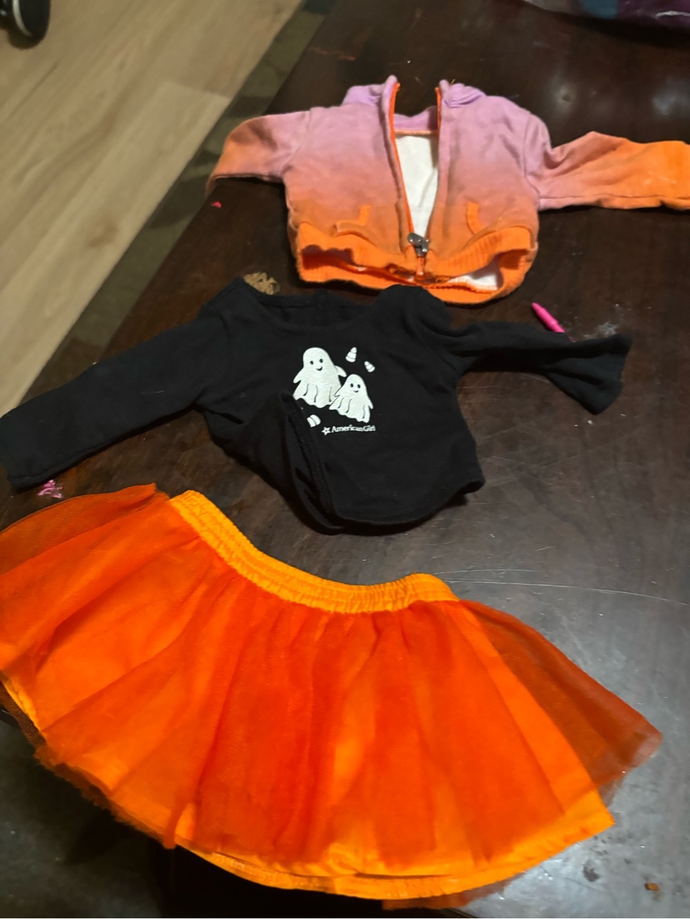 American Girl Black Ghost Top with Bright Orange Tutu and Pink-Orange Hoodie